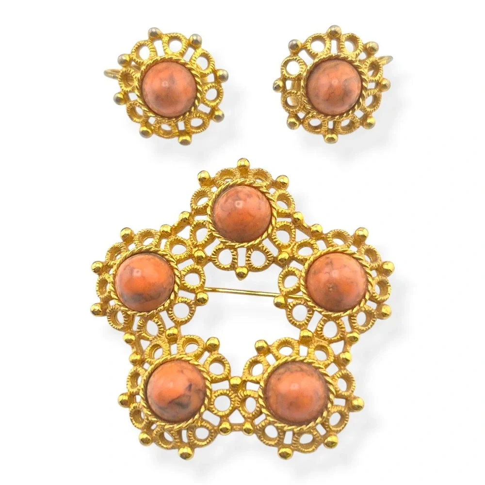 Vintage Sarah Coventry Valencia Brooch & Earrings Set 1970s Faux Coral Gold Tone